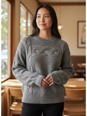 Oliver O Womens Gray Cable Knit Sweater XL Acrylic Blend Crew Neck NWT